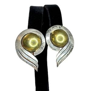 Taxco Sterling Silver & Brass Vintage Mexico Large Abstract Clip On Earrings